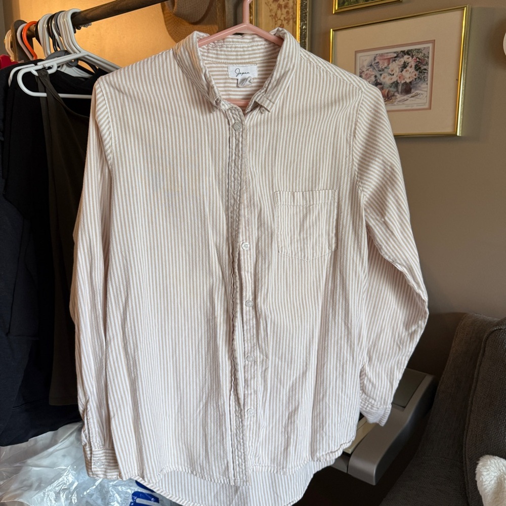 Striped White and Tan Casual Button Down Shirt Classic Fit Size M